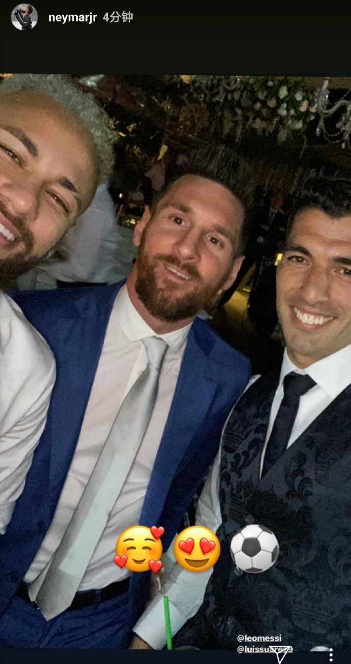 MSN再聚首！内马尔晒同梅西、苏亚雷斯的合影